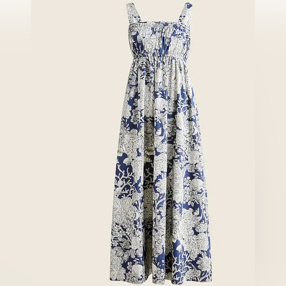 J. Crew Blue and White Floral Smocked Maxi Dress